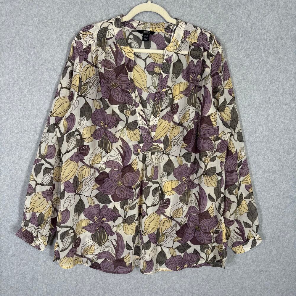 H&M Popover Crinkle Blouse 22 Purple Yellow Floral Textured Muted Romantic